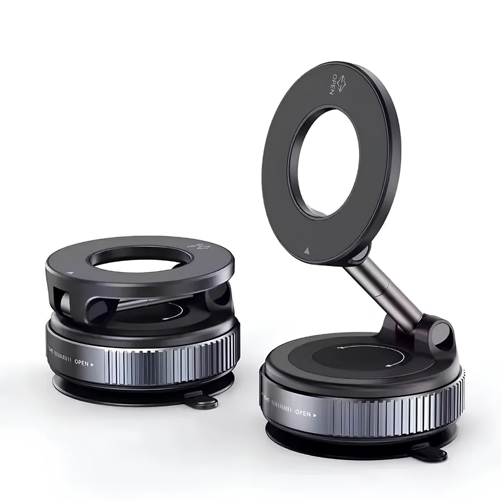 Black foldable magnetic car phone holder and vacuum mount displayed in folded and extended positions against a white background.