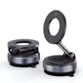 Black foldable magnetic car phone holder and vacuum mount displayed in folded and extended positions against a white background.