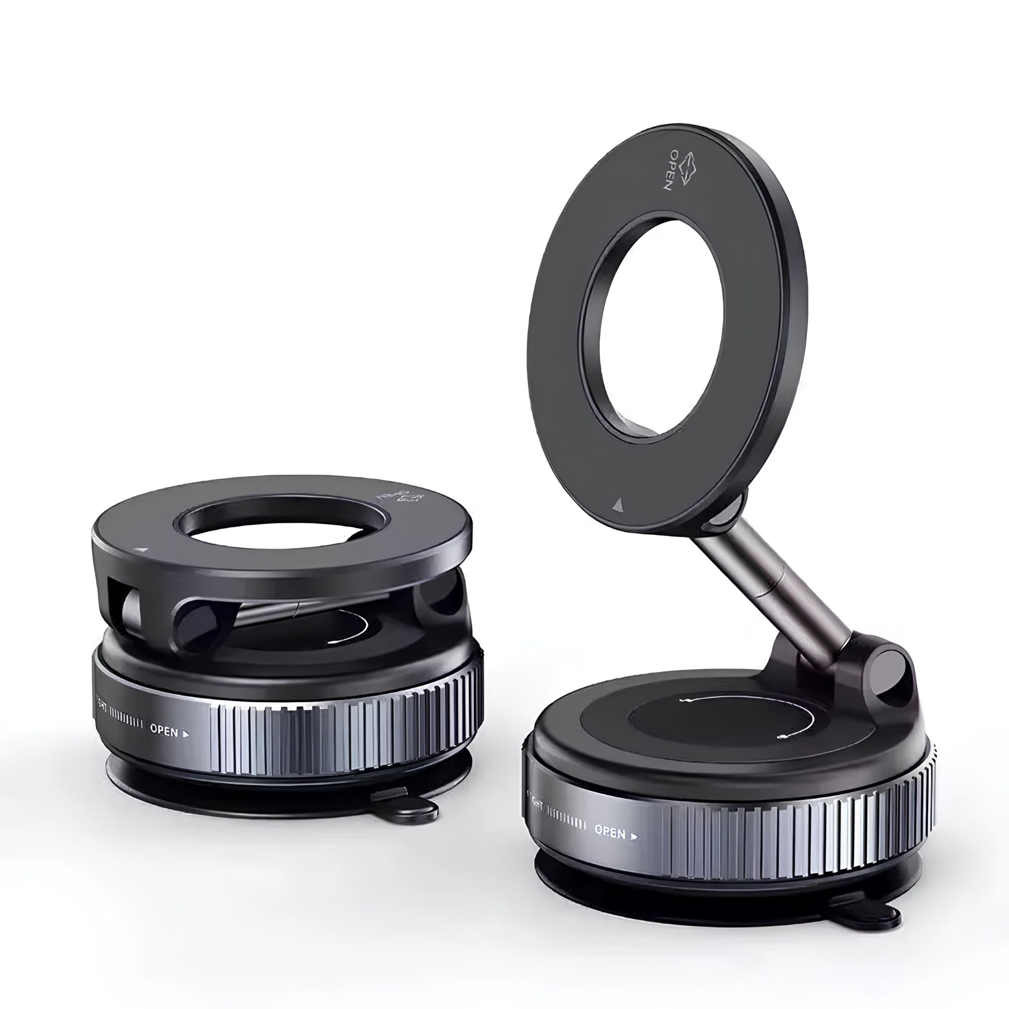 Black foldable magnetic car phone holder and vacuum mount displayed in folded and extended positions against a white background.
