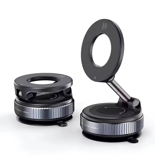 Black foldable magnetic car phone holder and vacuum mount displayed in folded and extended positions against a white background.