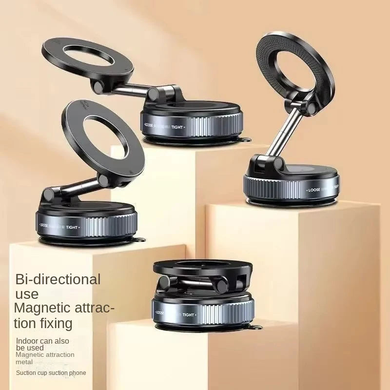 Multiple angles of the black foldable magnetic phone mount showcasing its bi-directional use and adjustable arm states.