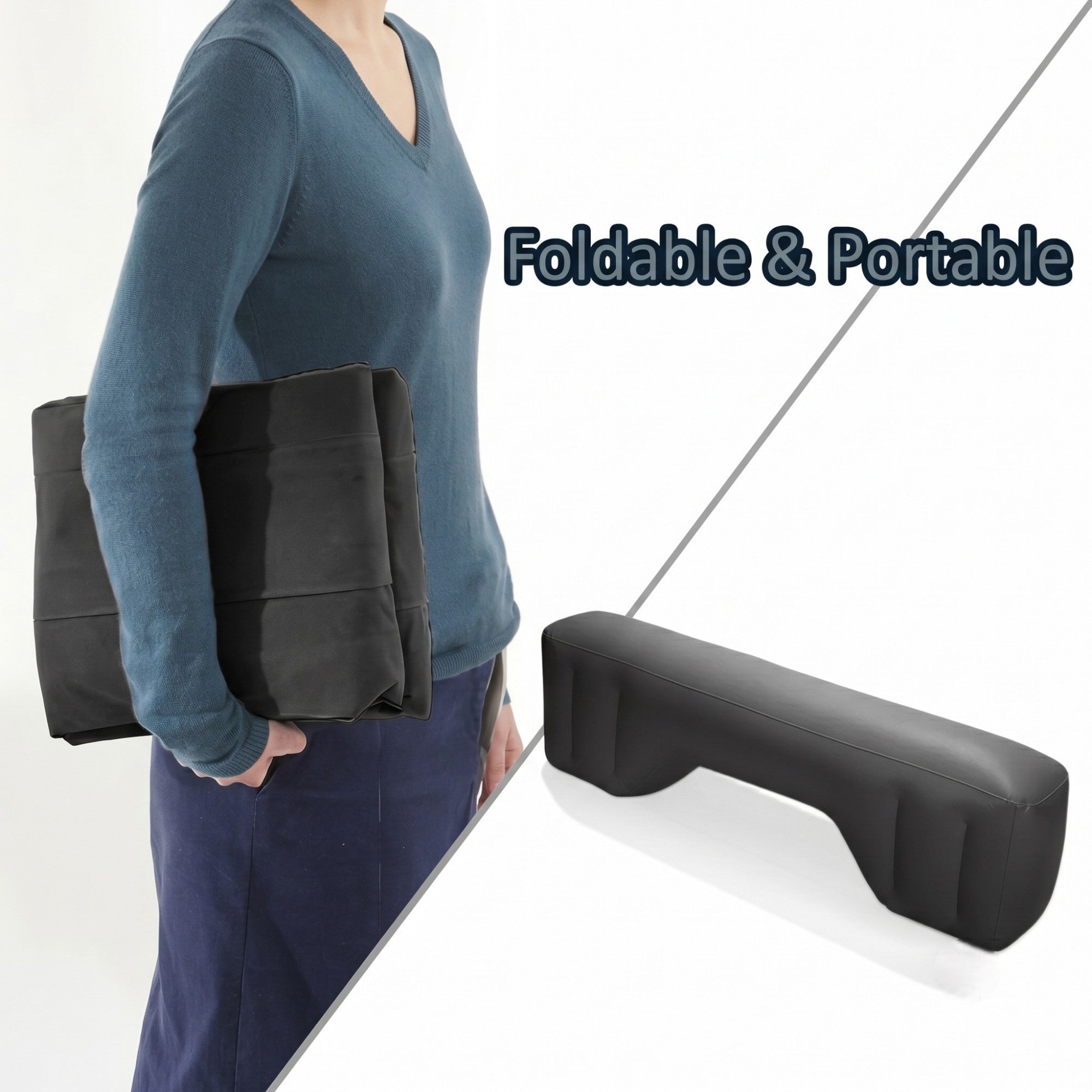 Demonstration of the inflatable car travel mattress base's portability, showing a person easily carrying the compact, folded, and deflated product under their arm.