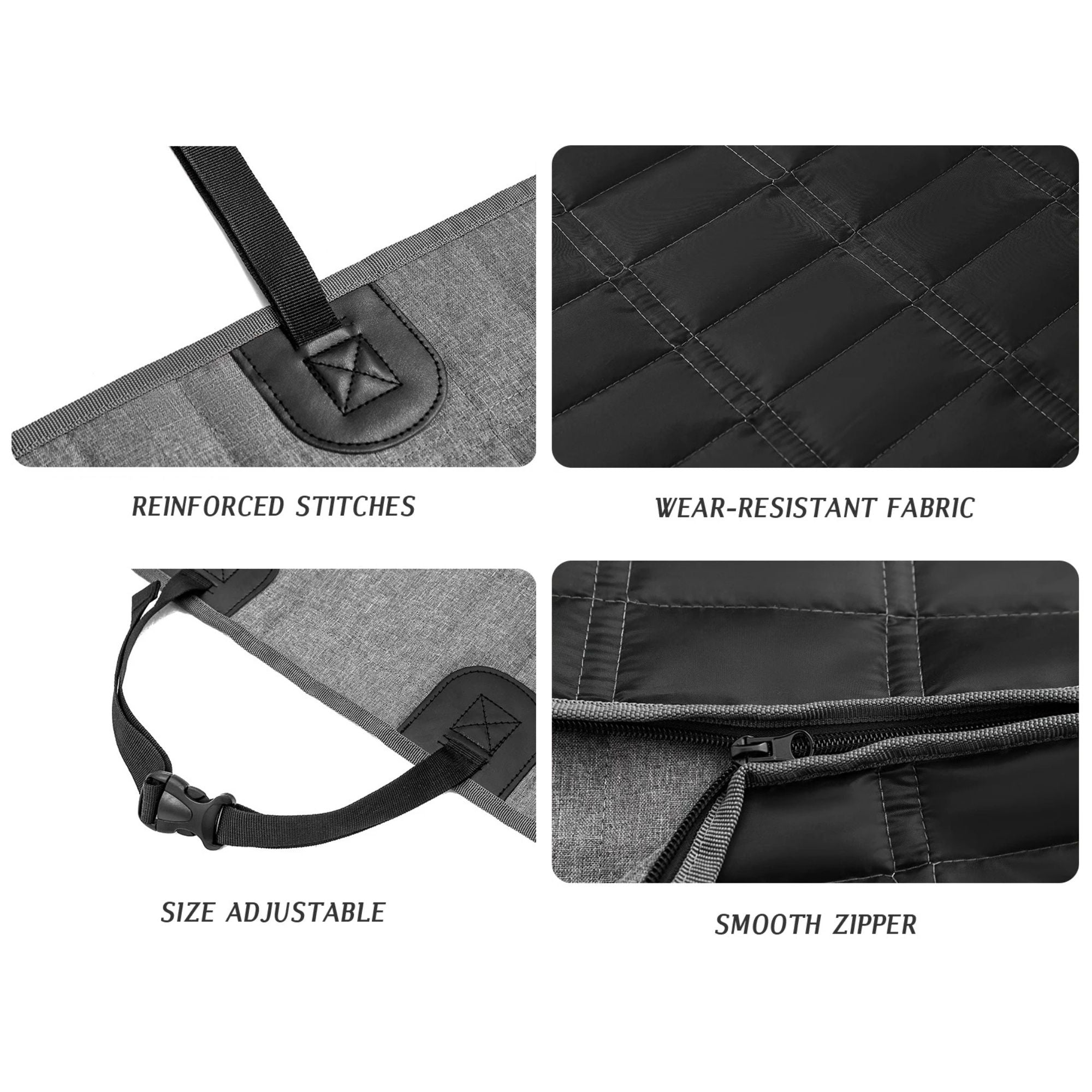 Detailed views of the dog car seat construction, showing reinforced stitches, wear-resistant fabric, adjustable attachment straps, and integrated smooth zippers.
