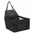 Black folding pet travel hammock and small dog car seat carrier featuring breathable mesh side panels on a white background.