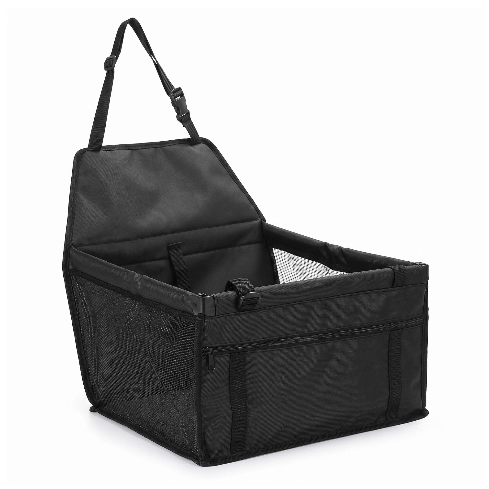 Black folding pet travel hammock and small dog car seat carrier featuring breathable mesh side panels on a white background.