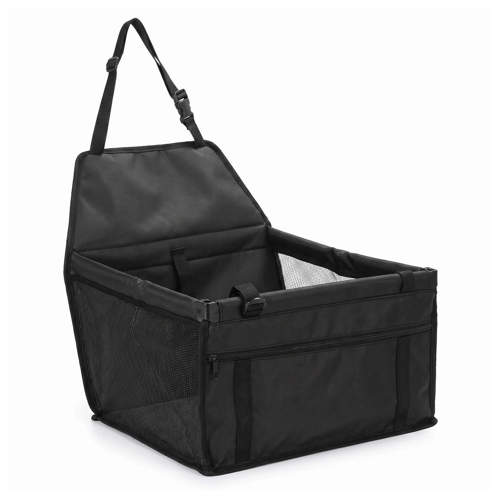 Black folding pet travel hammock and small dog car seat carrier featuring breathable mesh side panels on a white background.