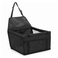 Black folding pet travel hammock and small dog car seat carrier featuring breathable mesh side panels on a white background.