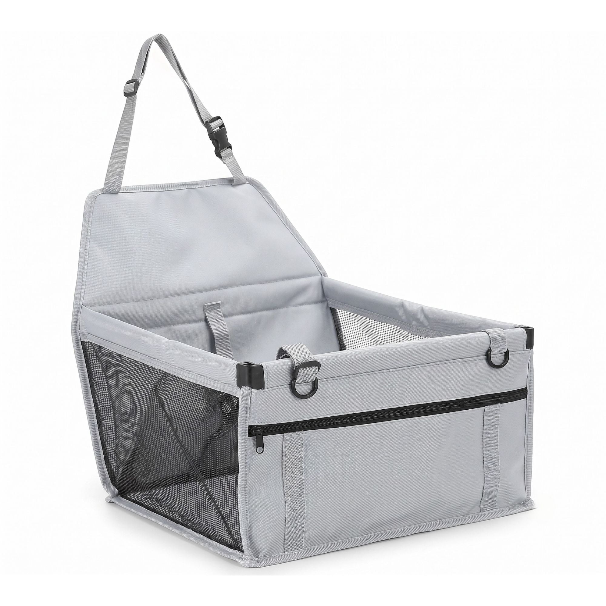 Grey variant of the folding pet travel hammock and small dog car seat carrier with black trim and mesh panels.