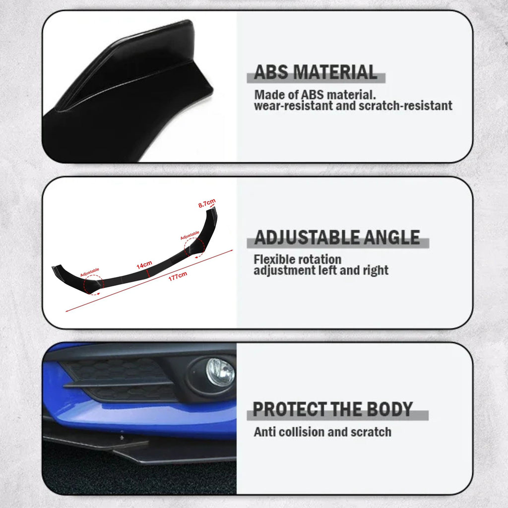 Product details of the front bumper lip kit highlighting durable ABS construction, adjustable side splitters and scratch protection, with a close-up of the kit fitted to a blue car's front bumper
