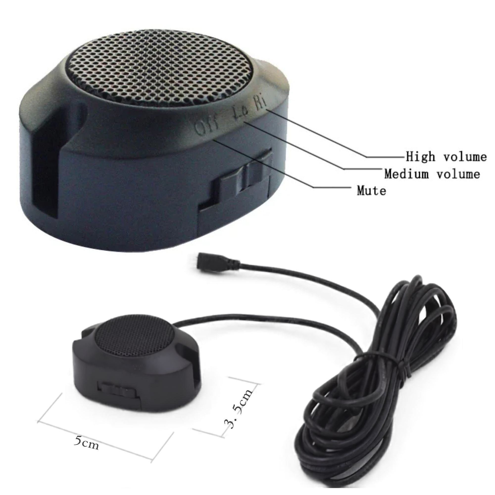 Black car parking sensor with a coiled cable and mounting plug, shown on a white background with overlaid labels indicating volume settings and dimensions.