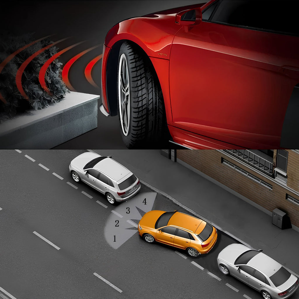 A composite illustration showing a red car wheel emitting curved red detection waves toward parked cars on a street, with numbered zones (1-4) indicating detection areas. The top half is a close-up of the red car wheel and side, and the bottom half is an overhead street scene with a silver hatchback, an orange hatchback, and a white sedan.