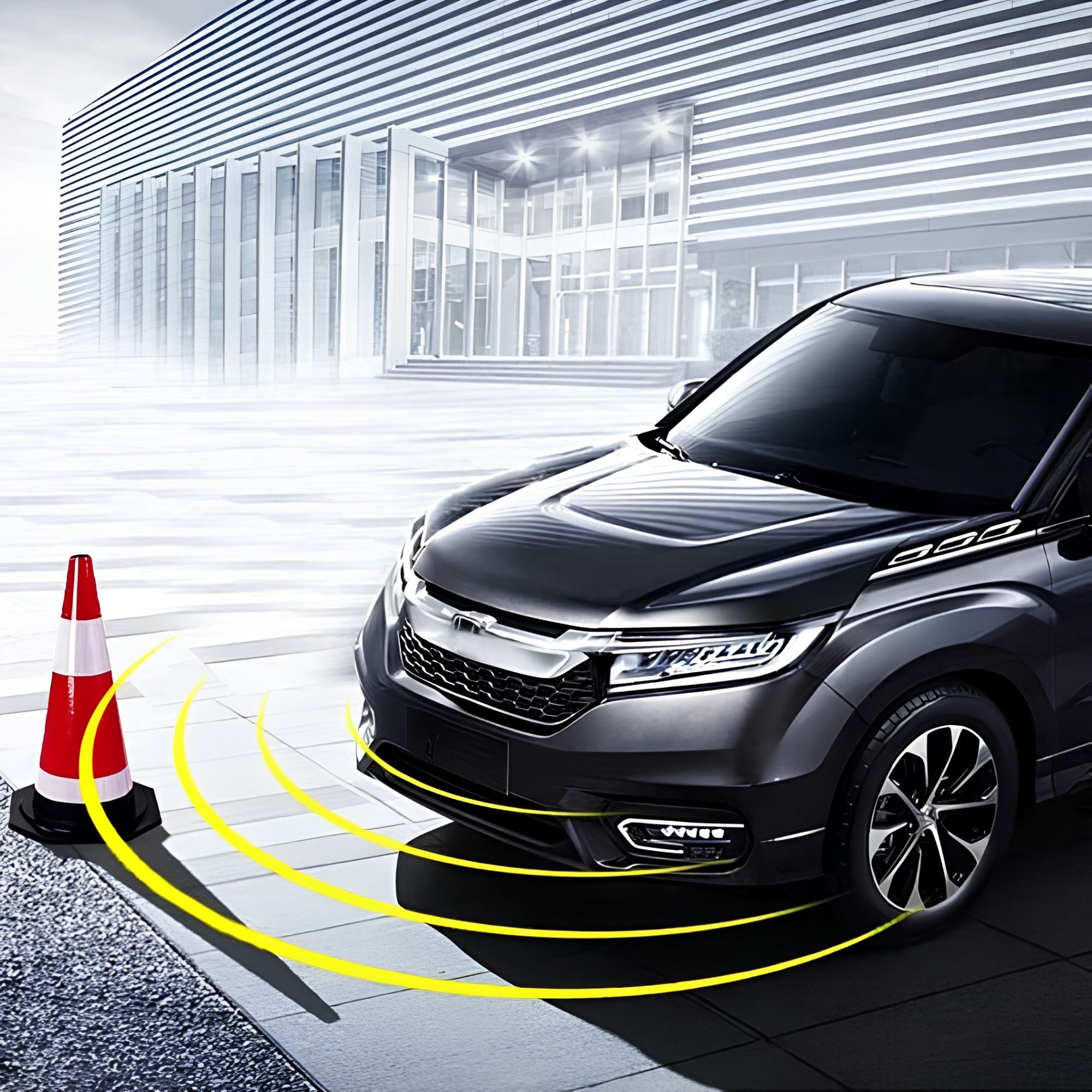 Front parking sensor detecting a safety cone beside a grey SUV parked outside a modern building at night