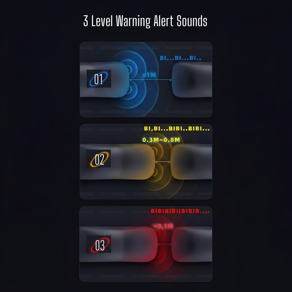 Front parking sensor three-level warning alert sound chart showing beep frequency at 1 metre, 0.8 metre and 0.3 metre ranges