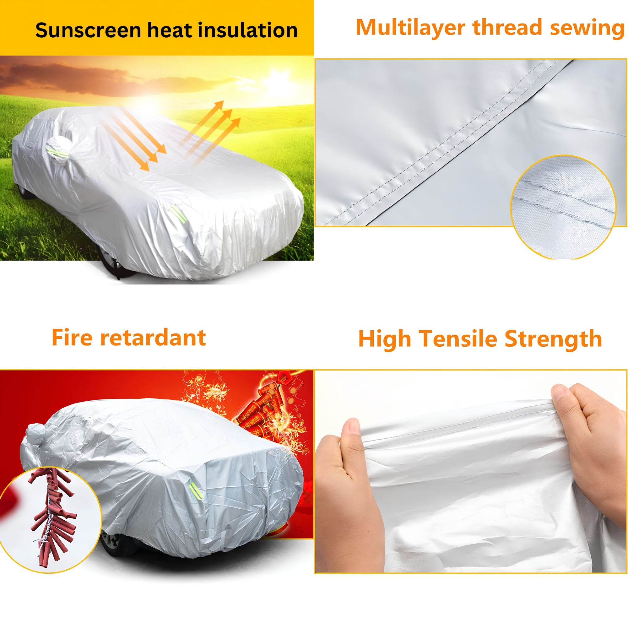 Universal Outdoor Car Cover feature infographic highlighting sunscreen heat insulation, multilayer thread sewing, fire retardant material and high tensile strength