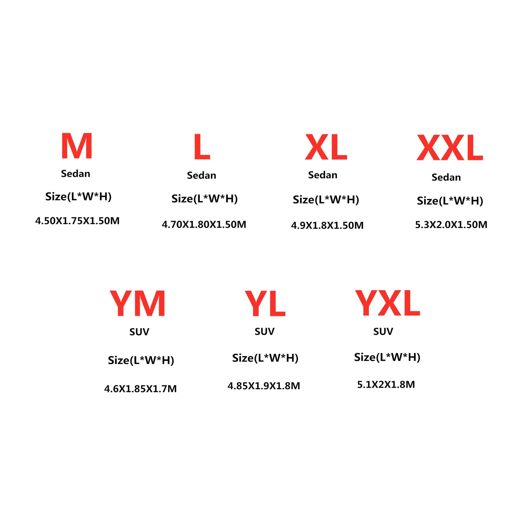 Universal Outdoor Car Cover size guide chart showing M, L, XL and XXL sedan sizes and YM, YL and YXL SUV sizes with dimensions