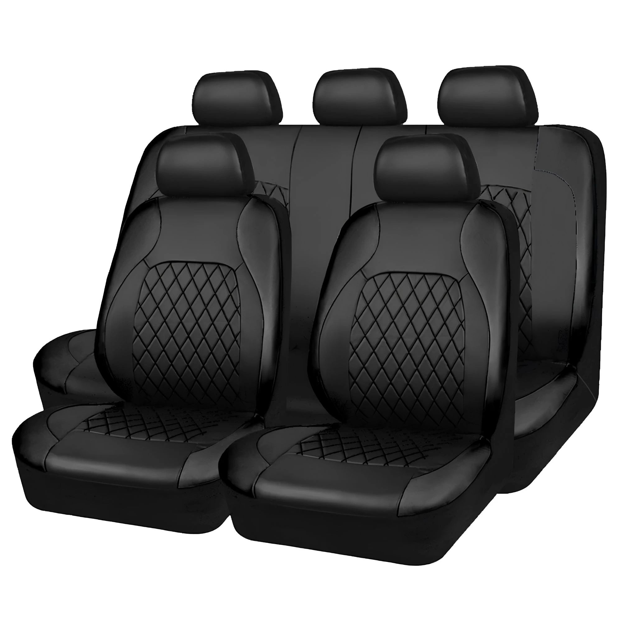 Full interior configuration of black quilted faux leather car seat covers, displaying both front seat and rear bench covers.
