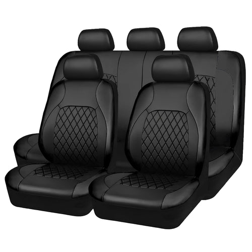 Full interior configuration of black quilted faux leather car seat covers, displaying both front seat and rear bench covers.