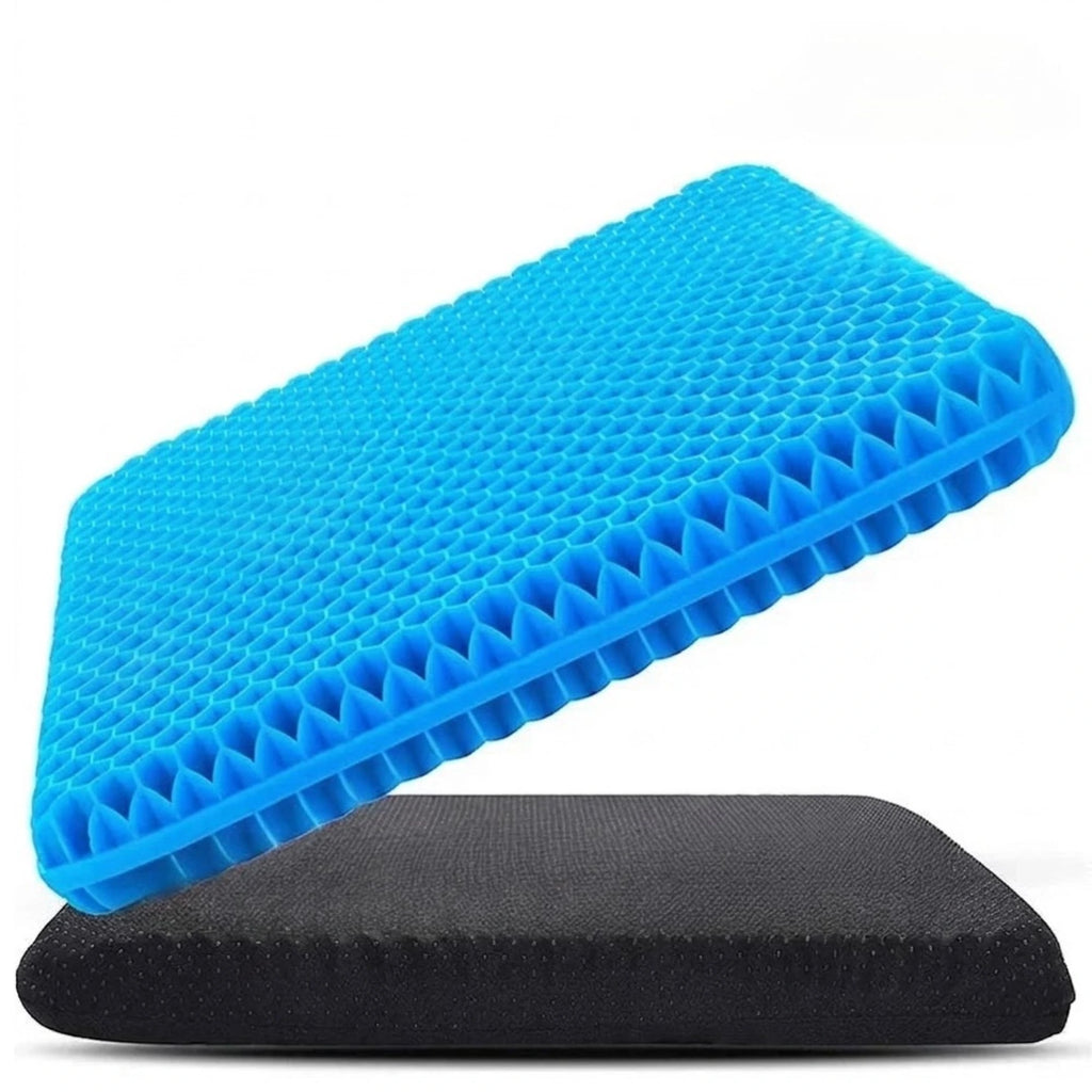 A bright blue textured gel seat cushion shown floating above a black memory foam mattress base on a clean white background.