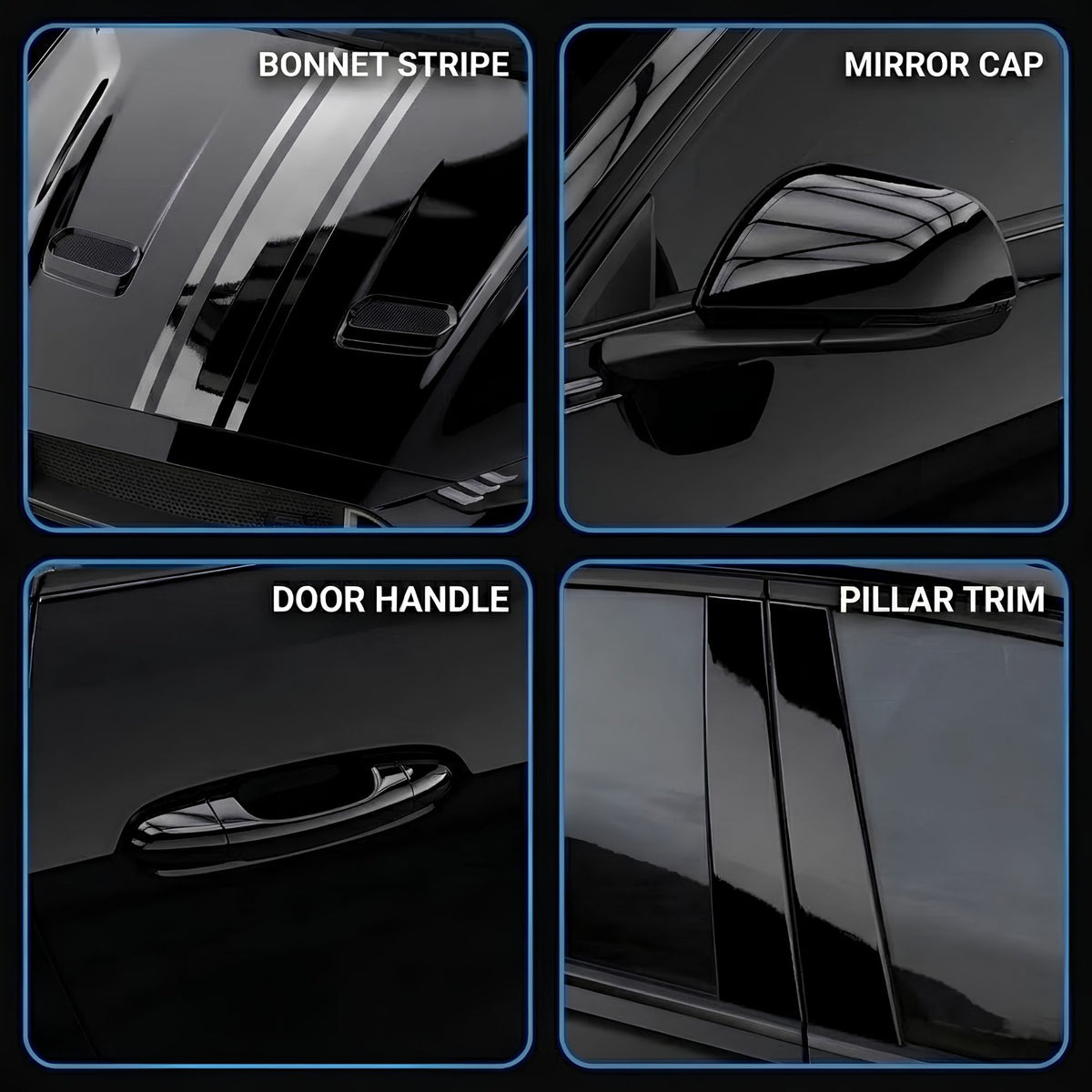 Four-panel product detail collage showing glossy black car accessories: bonnet stripe decals, a mirror cap, a door handle cover, and pillar trim, each labeled with white text on a dark car surface.