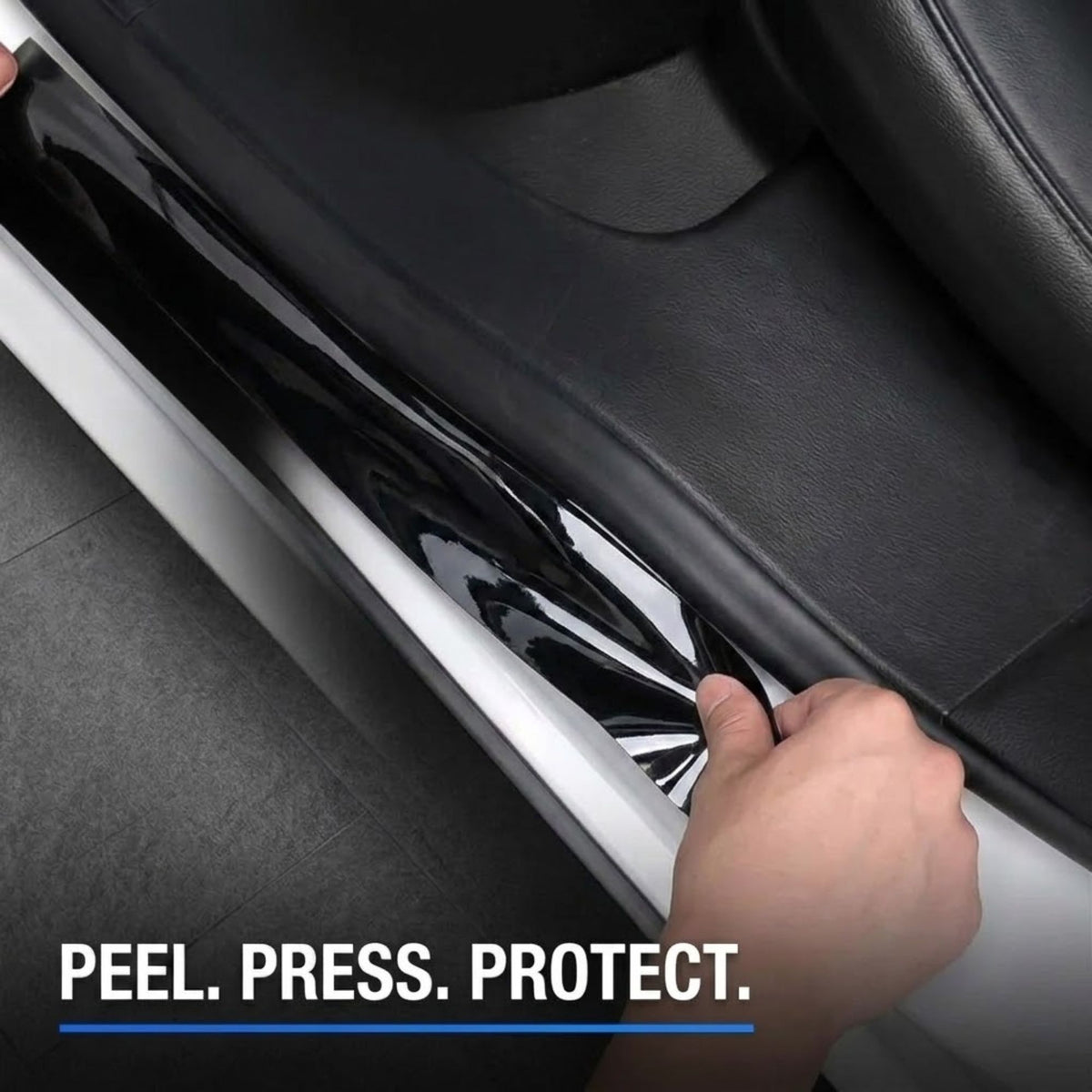 A hand peeling a glossy black protective film from a car door panel, with the text 'PEEL. PRESS. PROTECT.' at the bottom.