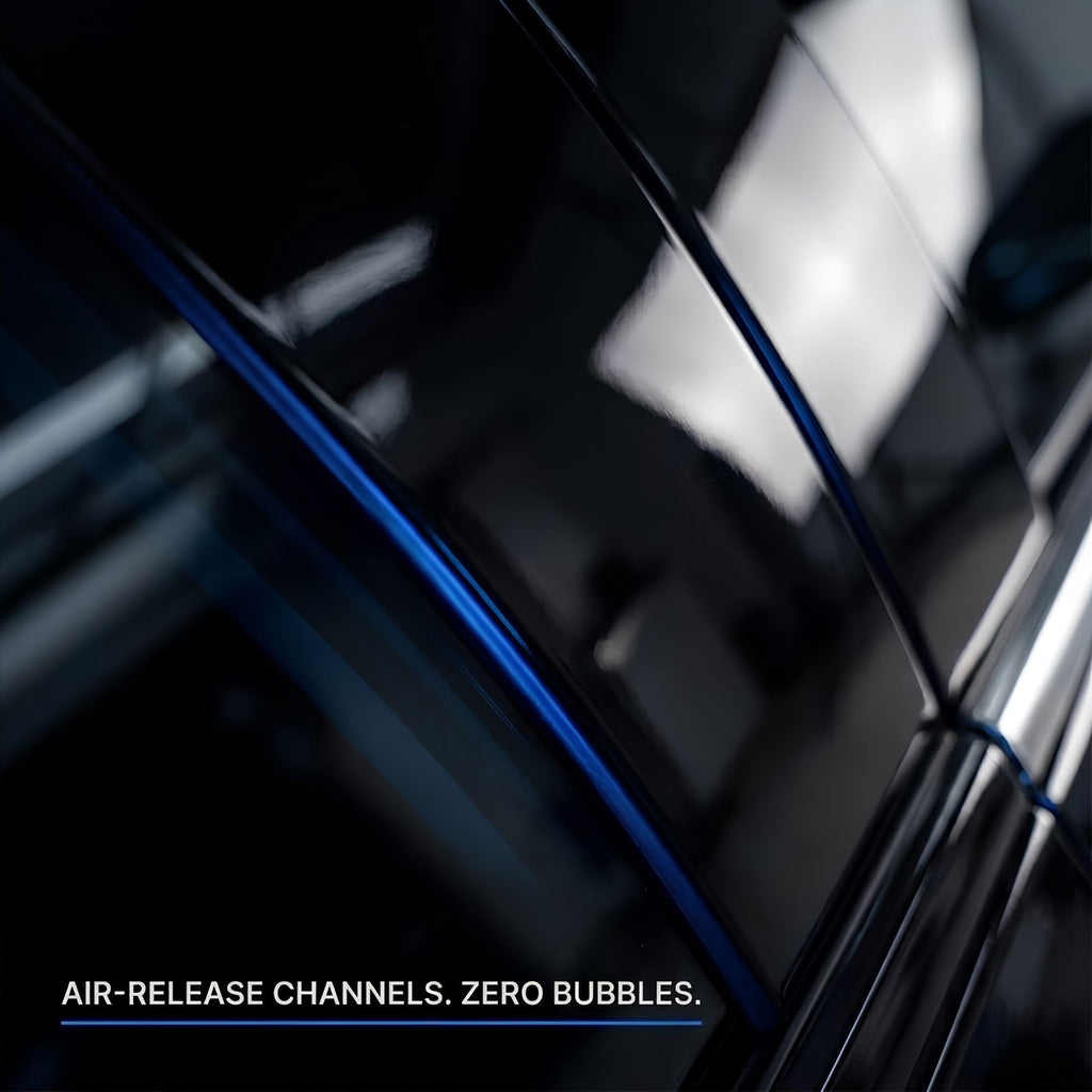 Close-up of a glossy black car body panel with a bright blue accent line along the edge, shown in a dramatic angled studio shot. White text at the bottom reads: 'AIR-RELEASE CHANNELS.