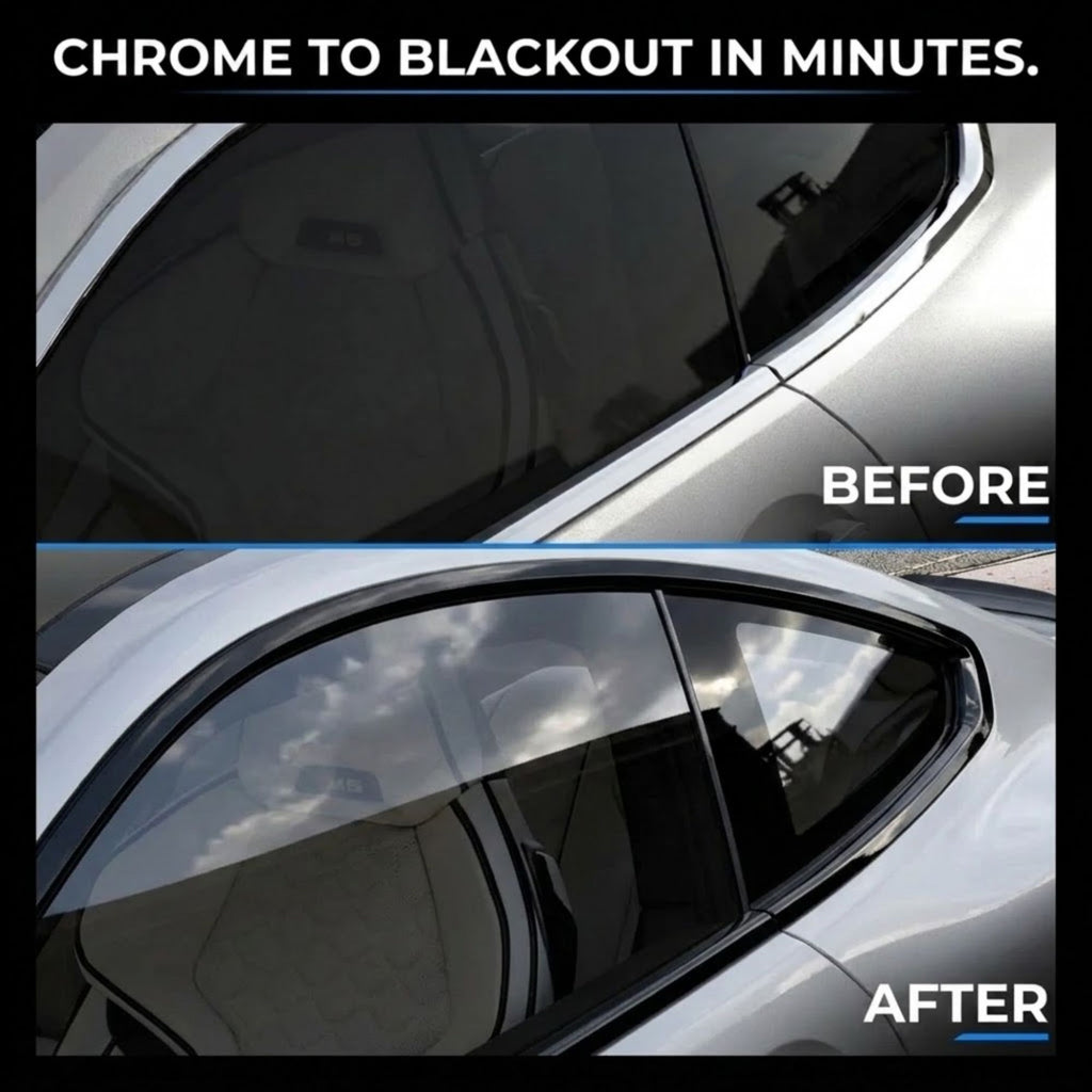 Before and after comparison of a car window tint, showing a silver vehicle with a dark tinted side window. The top panel is labeled BEFORE and shows lighter reflections, while the bottom panel is labeled AFTER and shows a much darker, privacy-reducing tint.