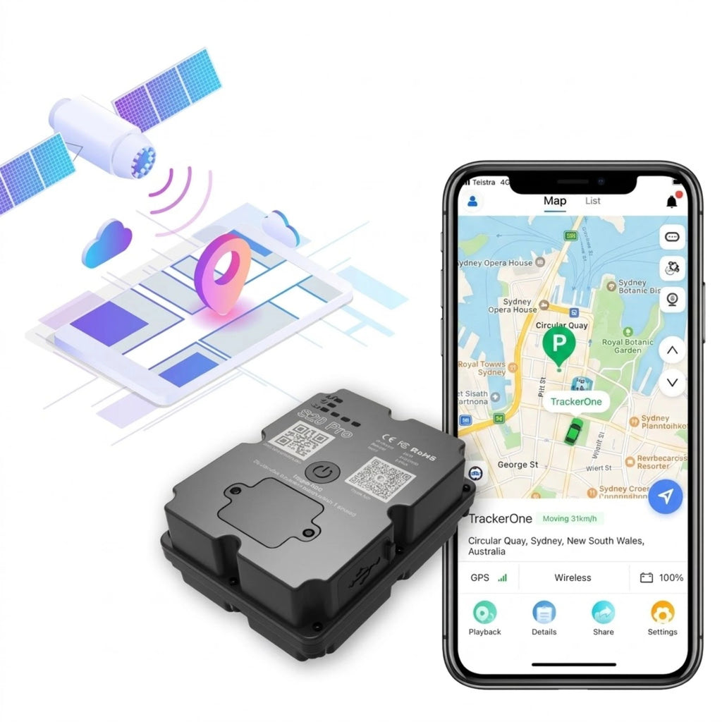 4G Magnetic GPS Tracker device with satellite and cloud connectivity graphic beside a smartphone showing live vehicle location on a Sydney map