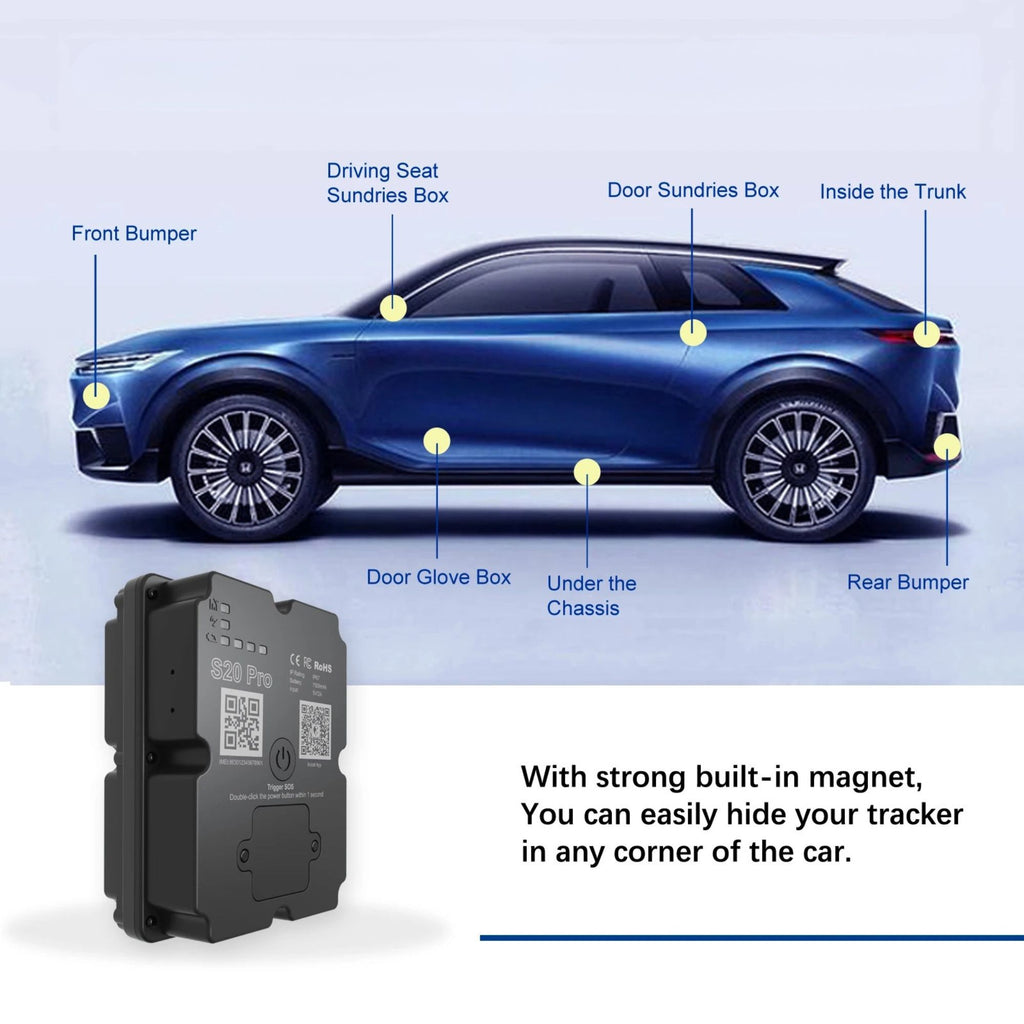 Diagram showing hidden installation points for the 4G Magnetic GPS Tracker on a car including front bumper, door sundries box and under the chassis using its strong magnetic mount