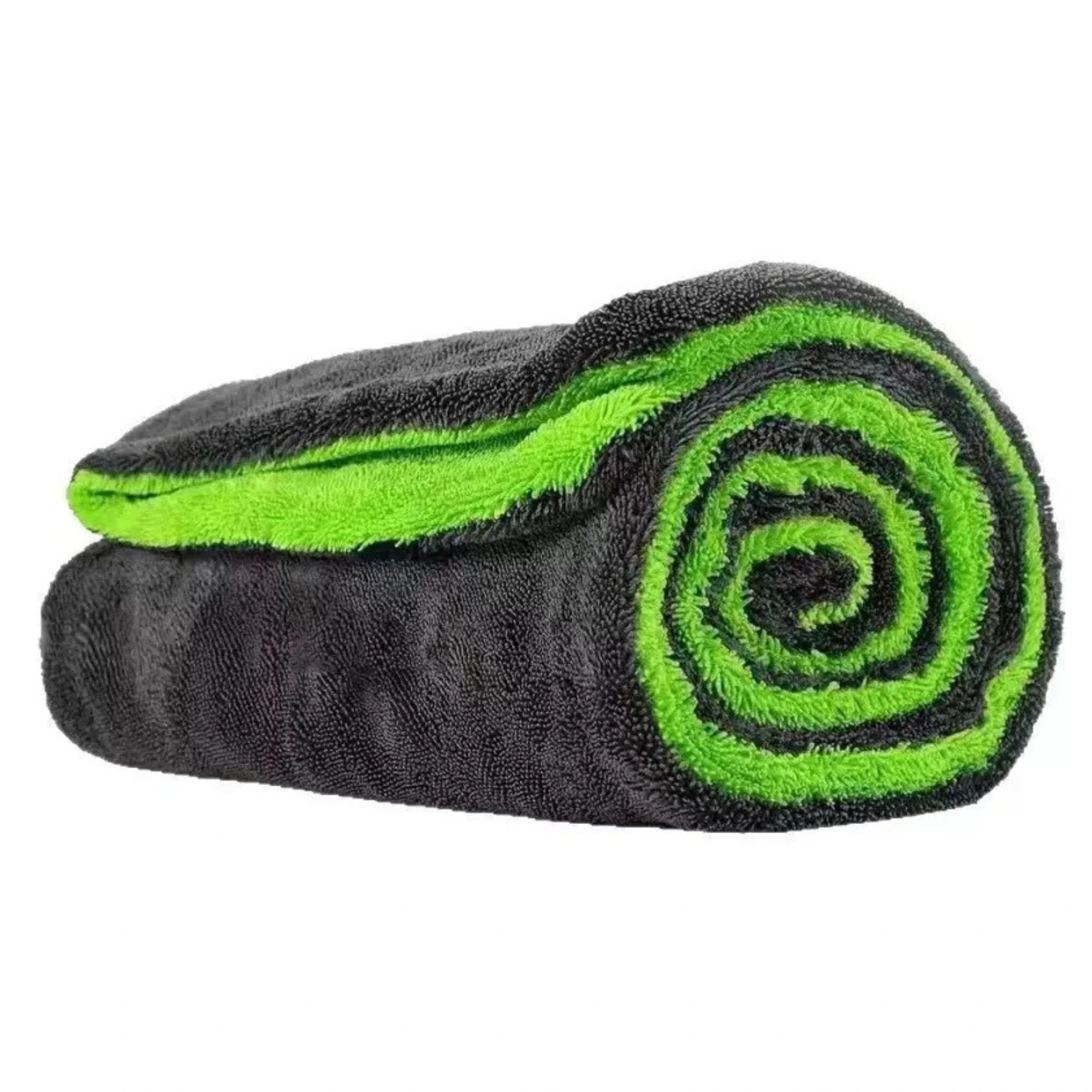 Green and black Microfiber Car Drying Towel and Large Absorbent Detailing Cloth rolled up against a white background, showing the double-layer twisted-loop microfibre weave.