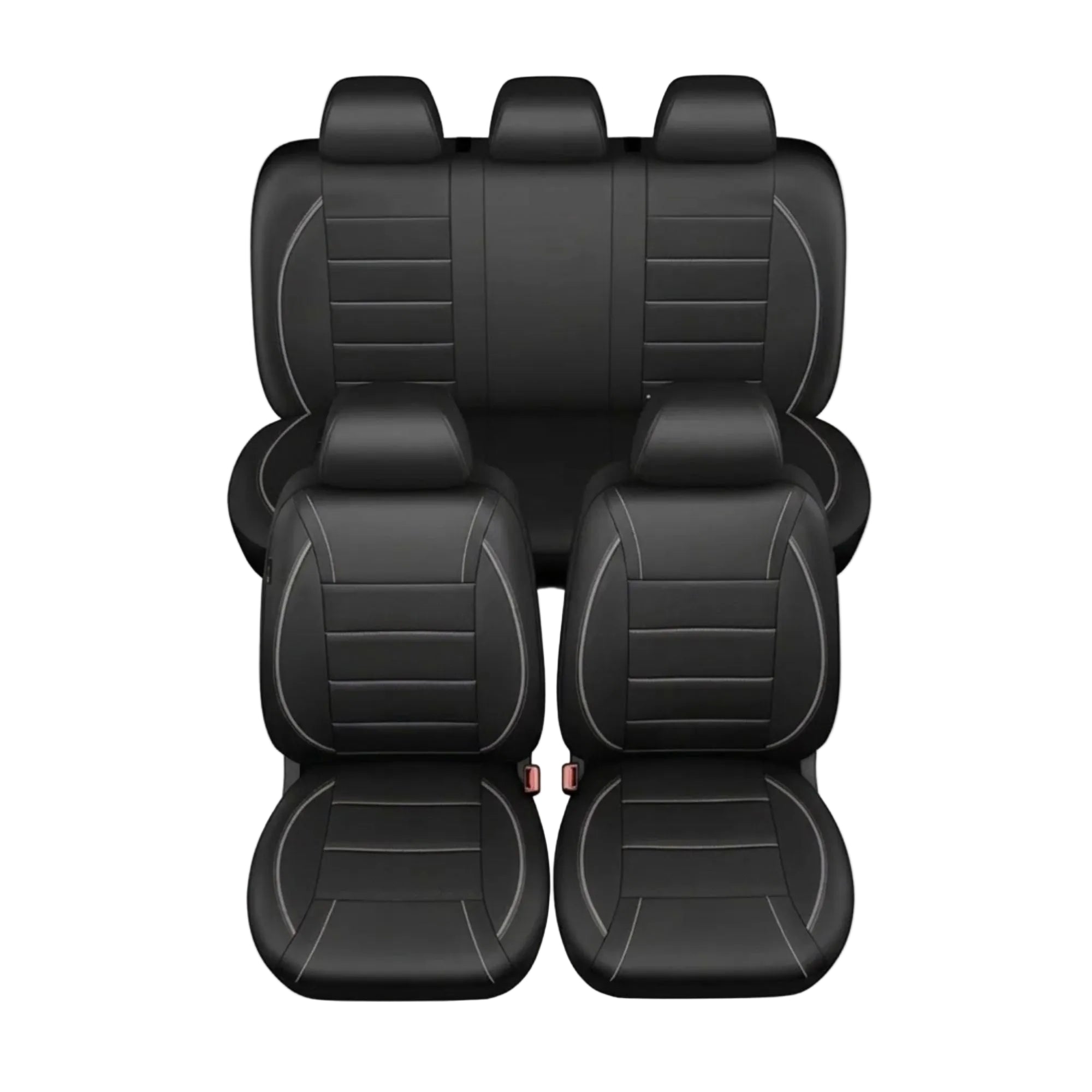 Universal Leather Seat Covers in black with grey stitching covering a full 5-seat set, front view on white background