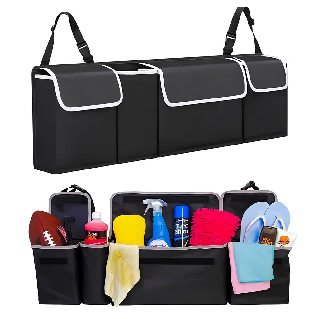 Multi-compartment hanging backseat storage bag displayed empty and then filled with automotive cleaning supplies, towels, and sporting equipment to demonstrate cargo capacity.