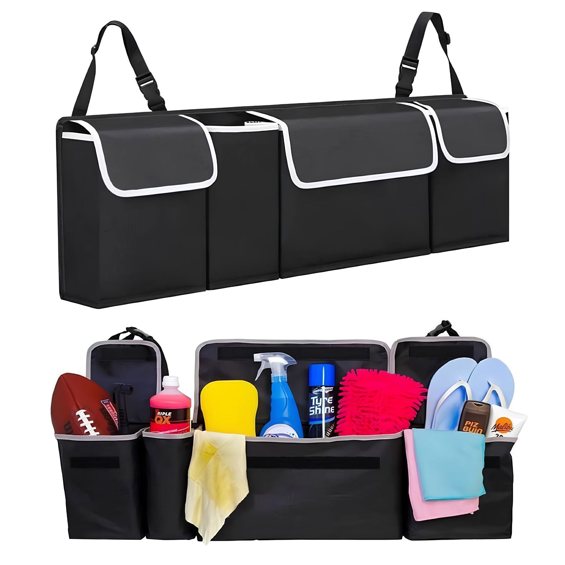 Multi-compartment hanging backseat storage bag displayed empty and then filled with automotive cleaning supplies, towels, and sporting equipment to demonstrate cargo capacity.