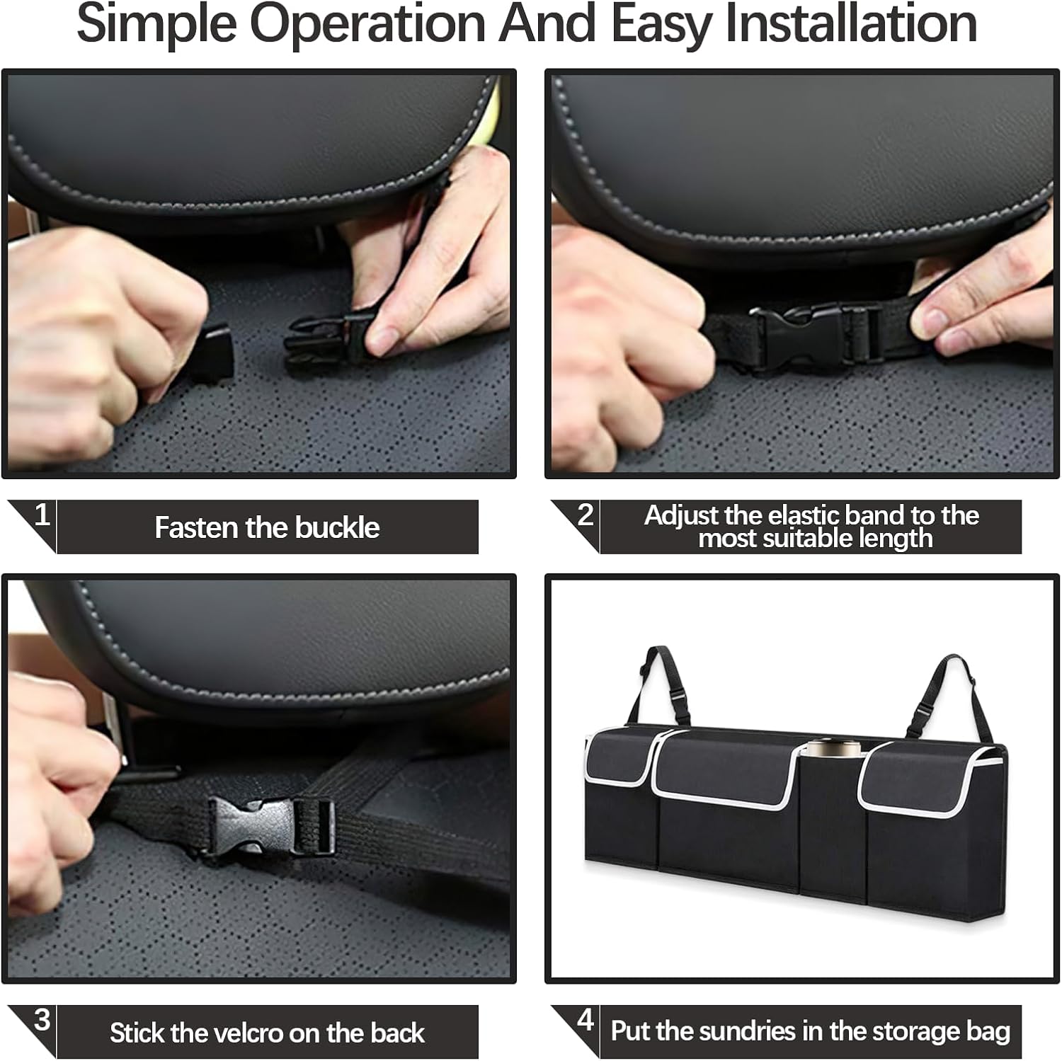 Four-step visual installation guide for the hanging backseat storage bag, demonstrating fastening the headrest buckles, adjusting strap length, and securing the rear velcro to the seat back.
