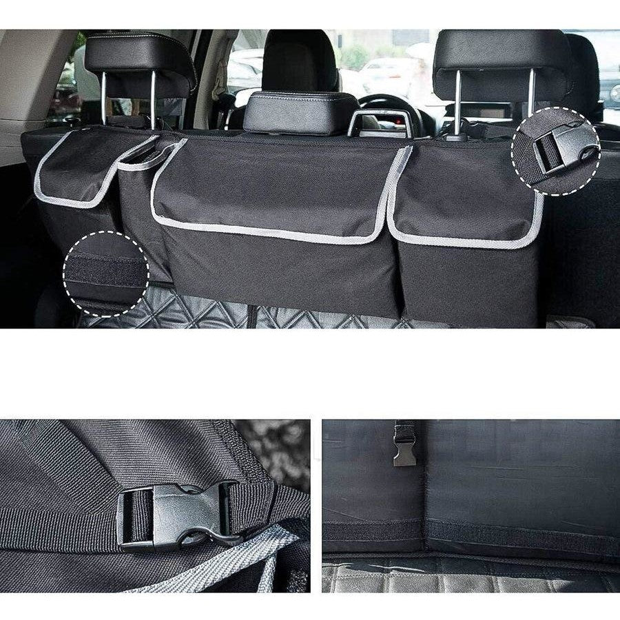 Hanging backseat storage bag installed on vehicle rear headrests, featuring close-up details of the adjustable straps, plastic buckles, and rear velcro stabilisers.