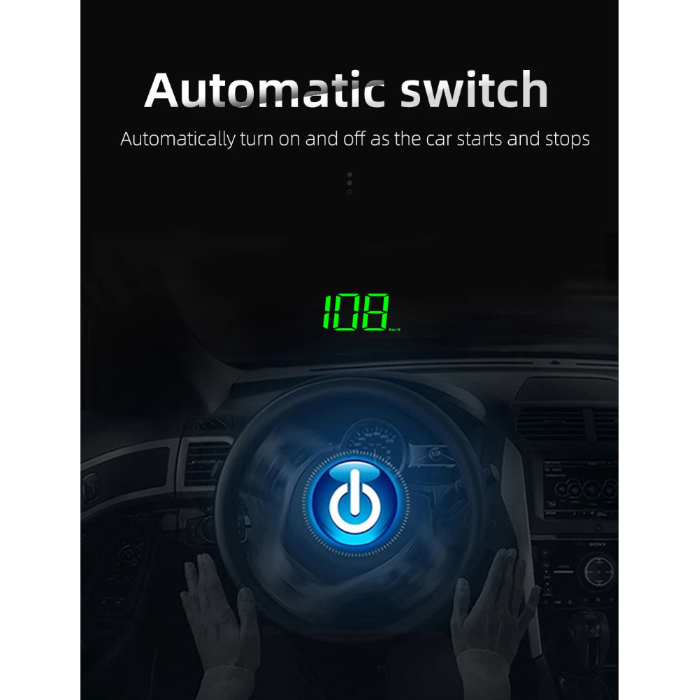 Diagram demonstrating the automatic power management feature of the head-up display, which synchronises with the vehicle's ignition system.
