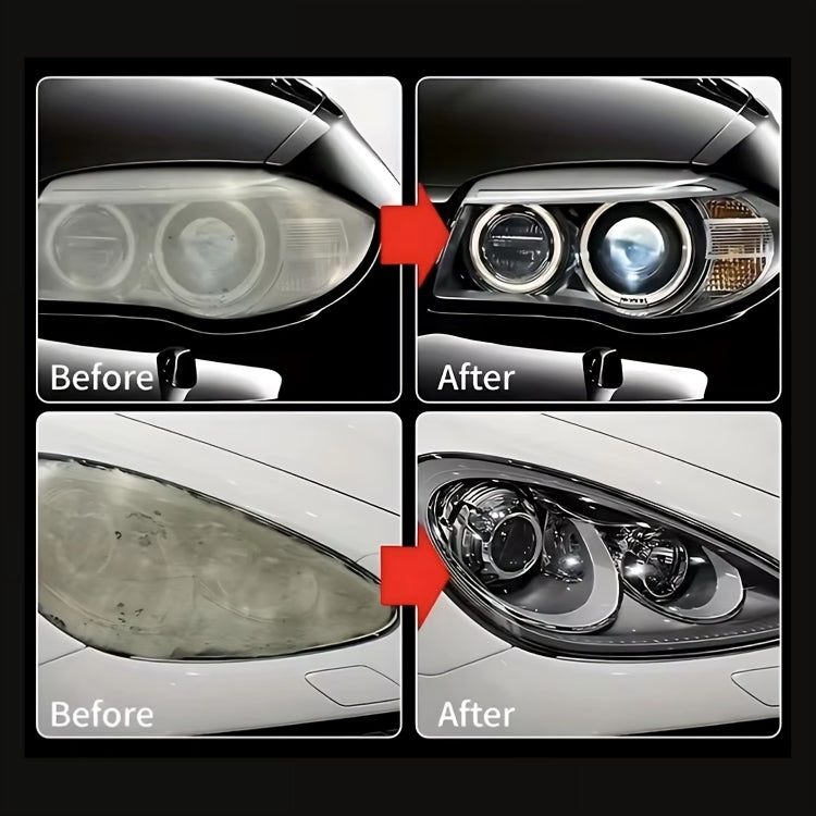 Before and after comparison photos demonstrating the effectiveness of the headlight polishing compound on cloudy, oxidized car lenses.