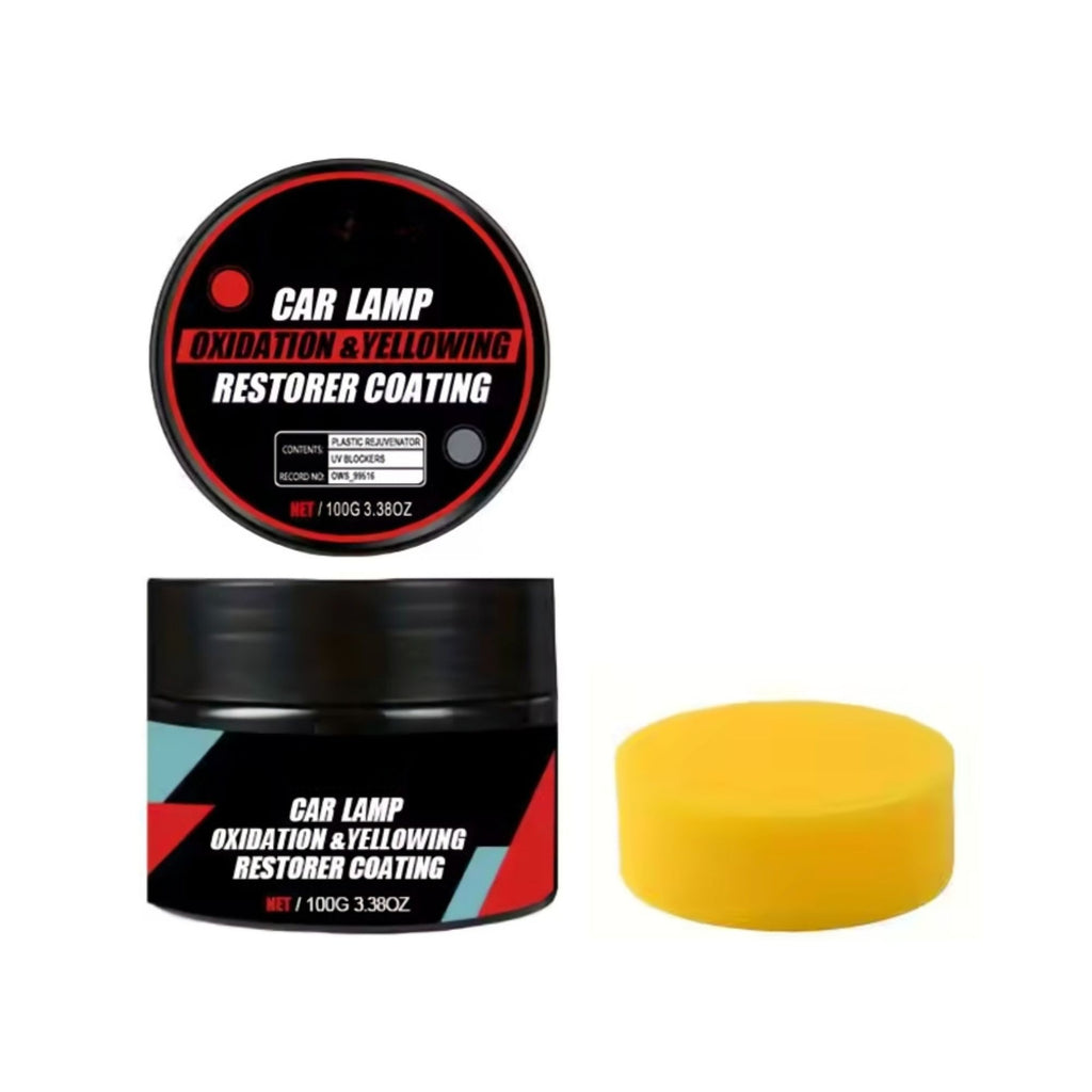100g black jar of premium headlight restoration polishing compound with a yellow foam applicator sponge on a solid white background.
