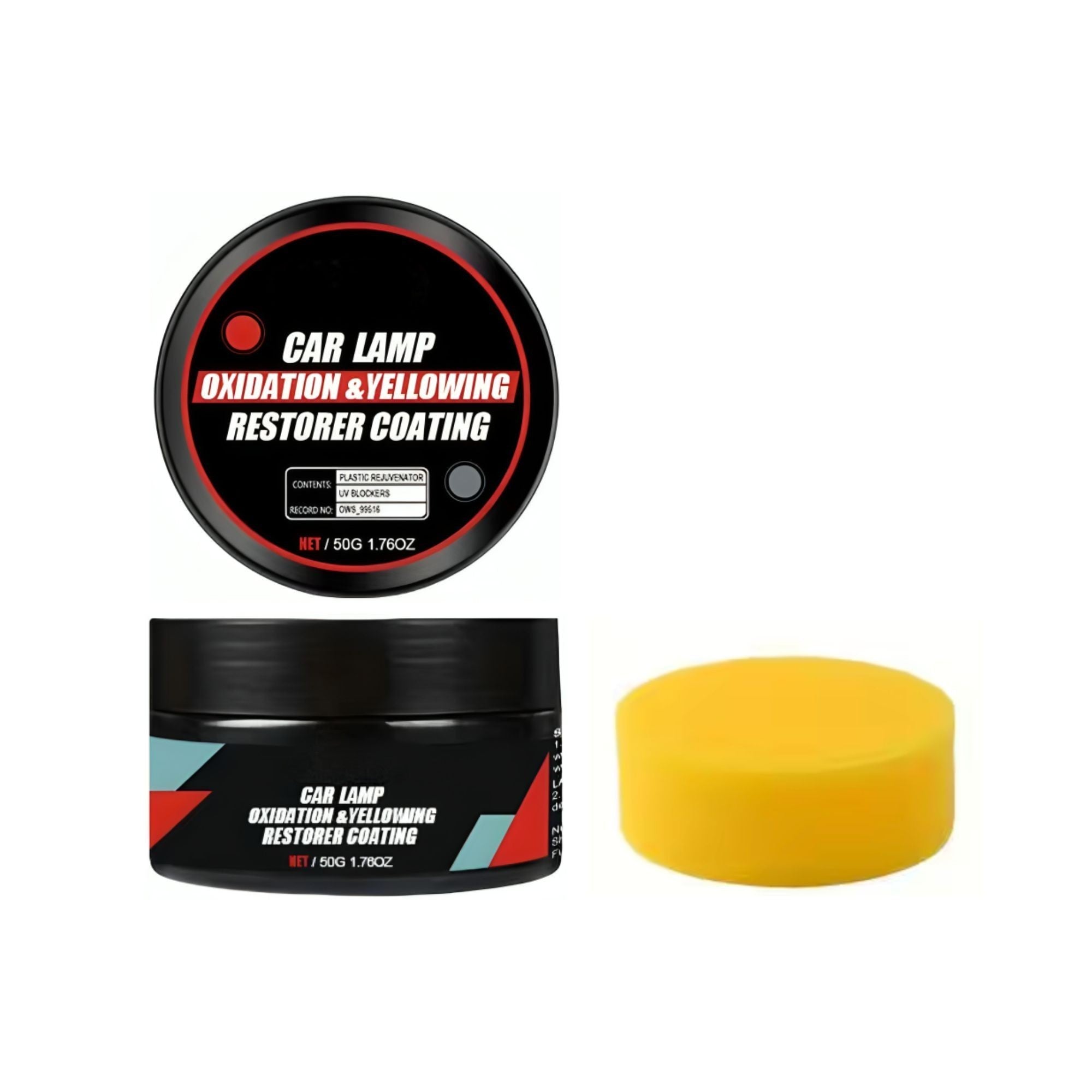 50g black jar of premium headlight restoration polishing compound with a yellow foam applicator sponge on a solid white background.
