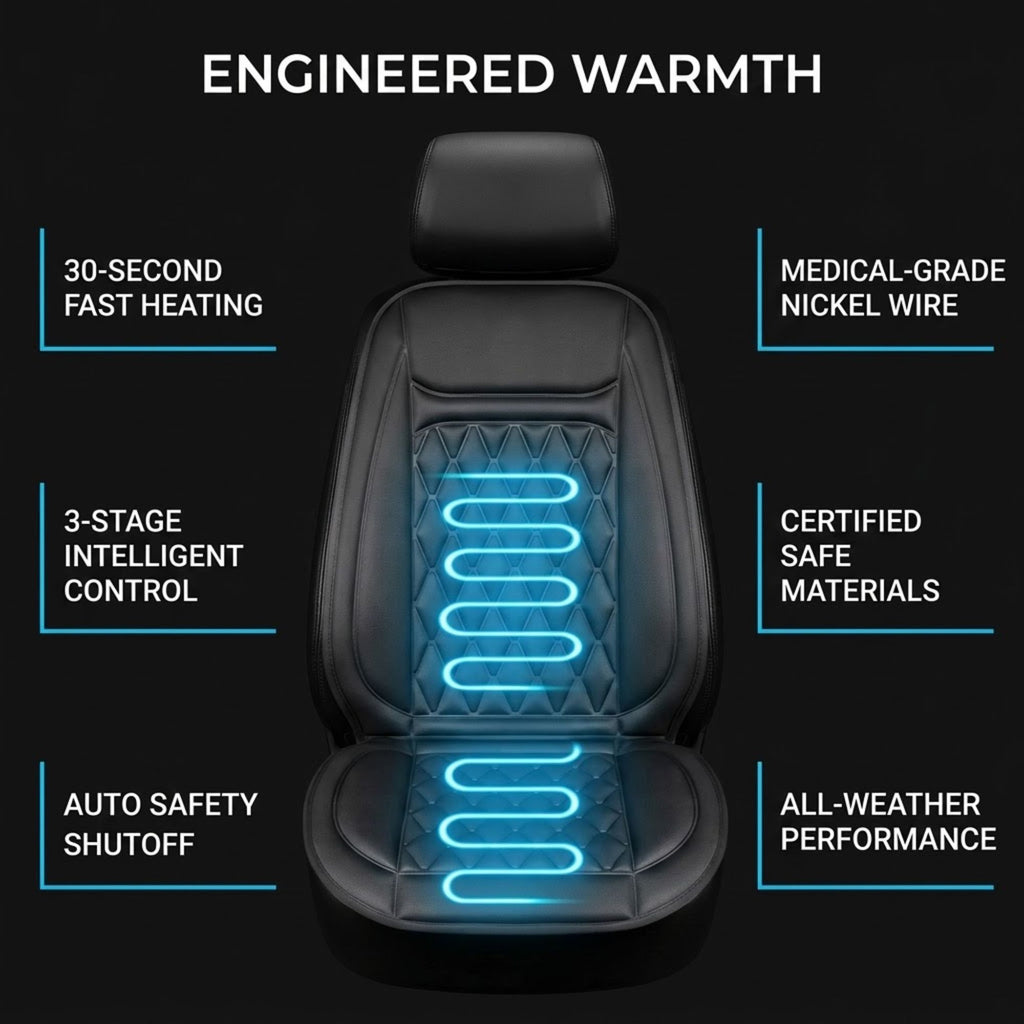 A black car seat cushion with a quilted pattern and glowing blue heat-light graphic, surrounded by marketing text on a black background. Text includes: ENGINEERED WARMTH, 30-SECOND FAST HEATING, MEDICAL-GRADE NICKEL WIRE, 3-STAGE INTELLIGENT CONTROL, CERTIFIED SAFE MATERIALS, AUTO SAFETY SHUTOFF, and ALL-WEATHER PERFORMANCE.