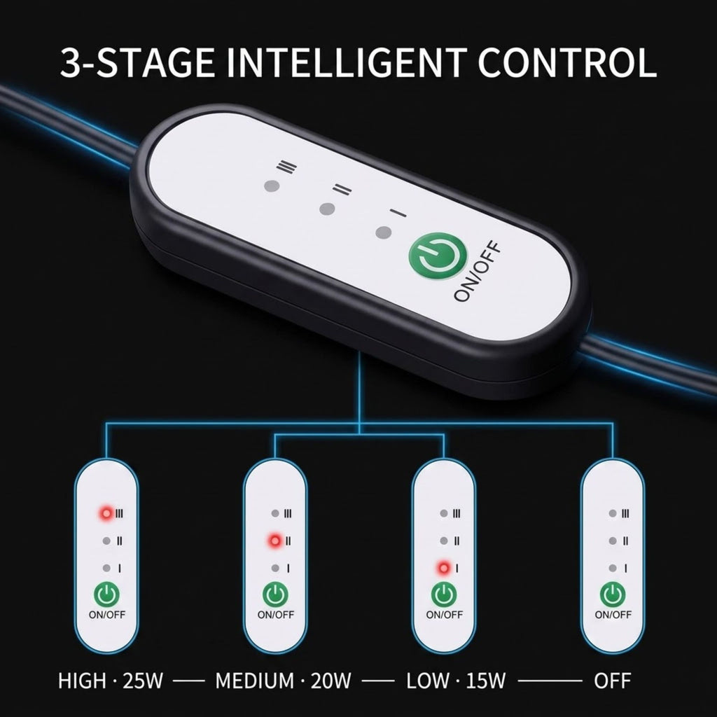 A 3-stage smart control switch module with four connected remote-style control units below, labeled HIGH 25W, MEDIUM 20W, LOW 15W, and OFF. The main unit is white with a black border and green power icon, on a dark background with blue glow lines.