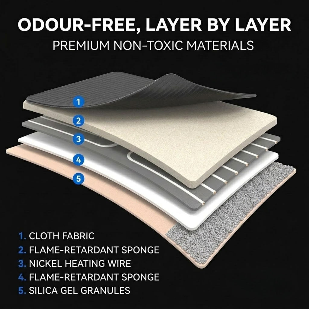 An informational product graphic showing a layered ceramic tile or stove component on a black background, with text reading 'ODOUR-FREE, LAYER BY LAYER' and a numbered breakdown of the five layers: cloth fabric, flame-retardant sponge, nickel heating wire, flame-retardant sponge, and silica gel granules.