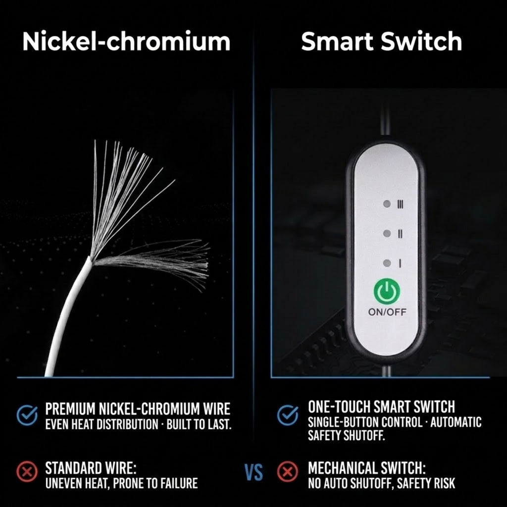 A comparison graphic for a smart switch versus a nickel-chromium wire safety switch. The left side shows a close-up of a white fiber optic wire with a frayed tip under the label 'Nickel-chromium' on a black background.