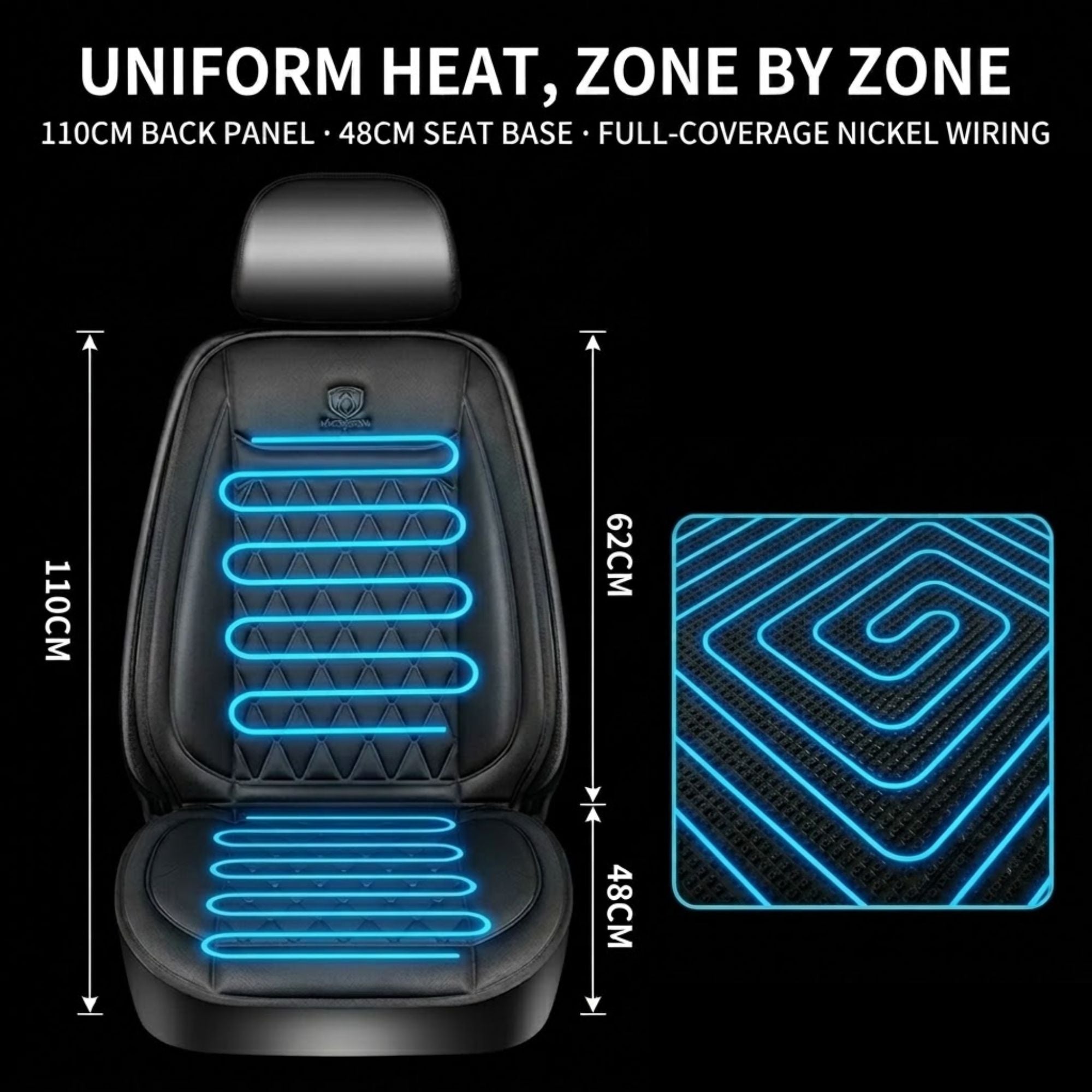 Black car seat cover with blue illuminated heating zones shown on a black background, with text reading 'UNIFORM HEAT, ZONE BY ZONE' and dimension labels for the seat panel and base, plus a close-up inset of the heating pattern.