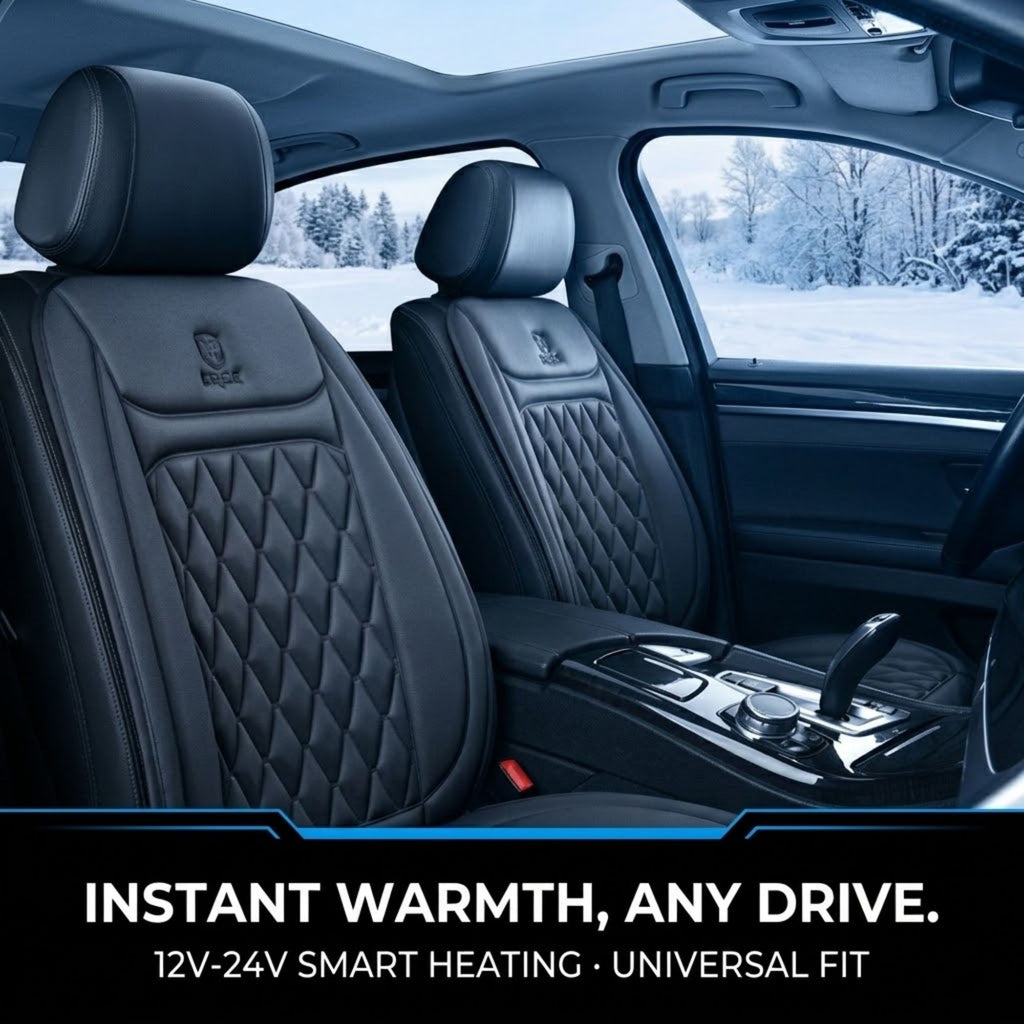 Black quilted leather car seat covers installed on the front seats of a vehicle interior, with a snowy outdoor scene visible through the windows and marketing text at the bottom.