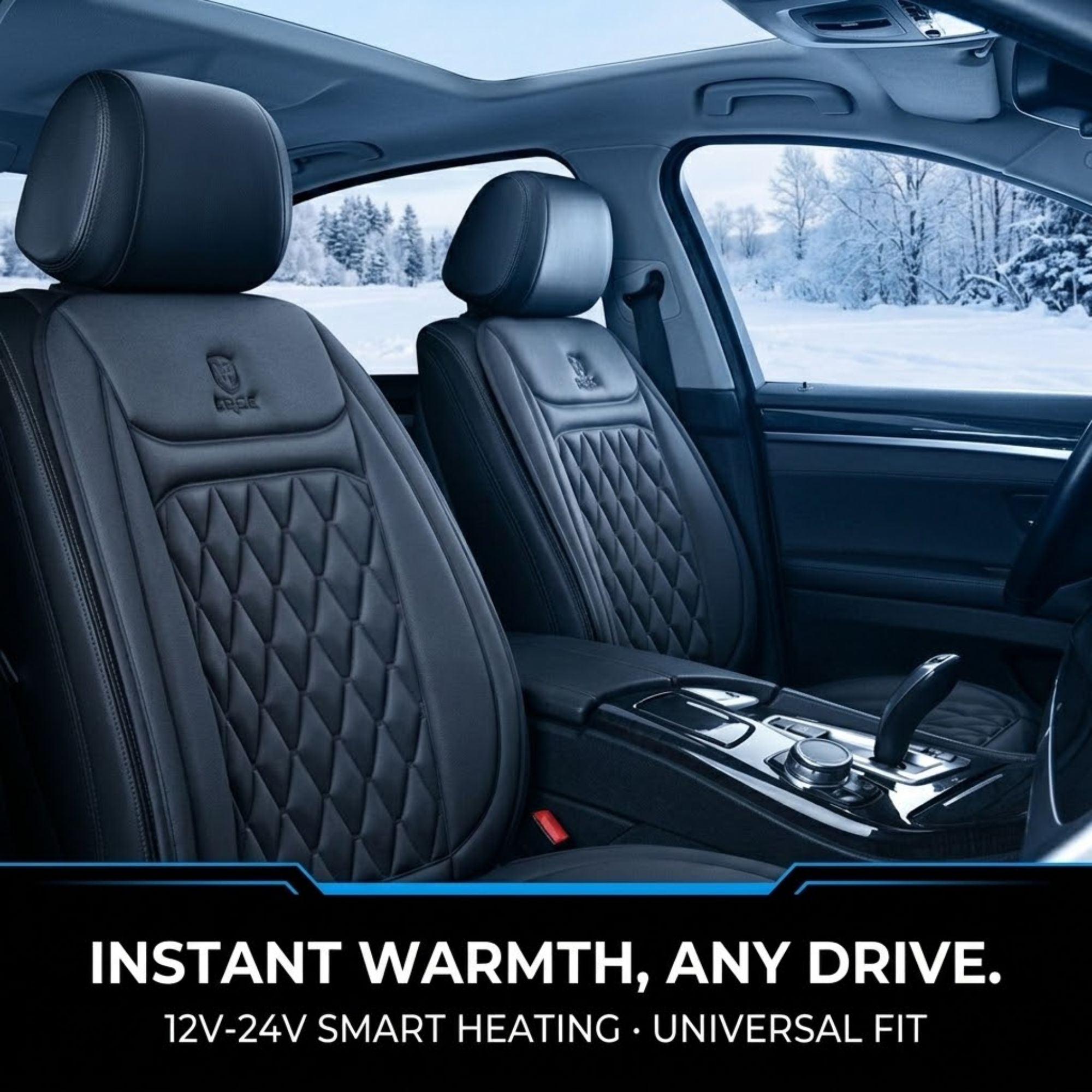 Black quilted leather car seat covers installed on the front seats of a vehicle interior, with a snowy outdoor scene visible through the windows and marketing text at the bottom.