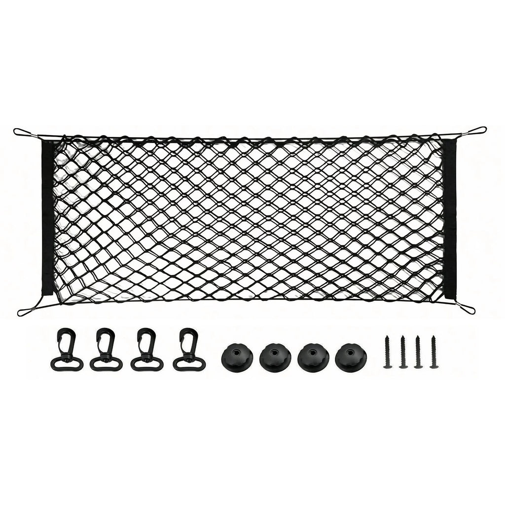 A heavy-duty black elastic car boot pet barrier net displayed on a white background alongside its included mounting hooks and hardware.