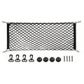 A heavy-duty black elastic car boot pet barrier net displayed on a white background alongside its included mounting hooks and hardware.