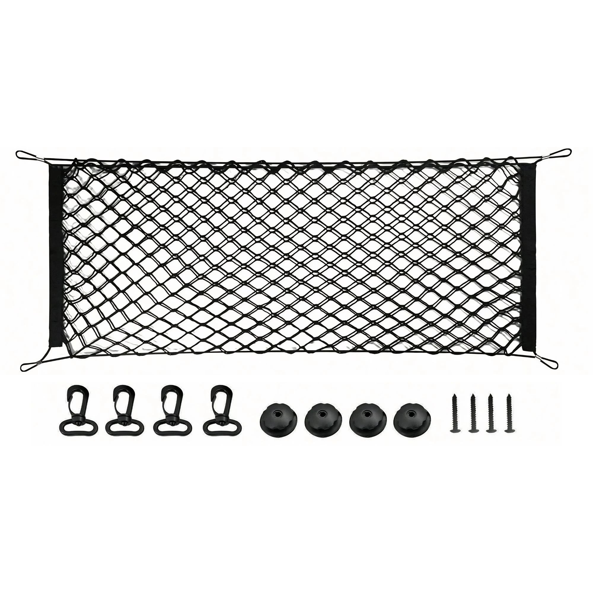 A heavy-duty black elastic car boot pet barrier net displayed on a white background alongside its included mounting hooks and hardware.