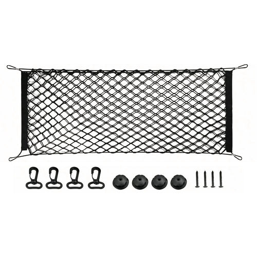 A heavy-duty black elastic car boot pet barrier net displayed on a white background alongside its included mounting hooks and hardware.