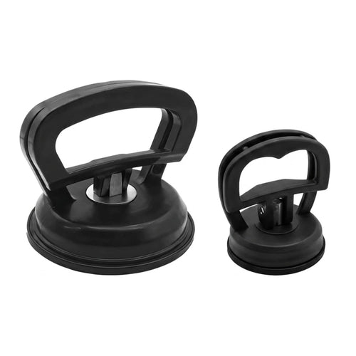 Two-piece black heavy-duty car dent puller and suction cup remover kit featuring large and small sizes on a white background.